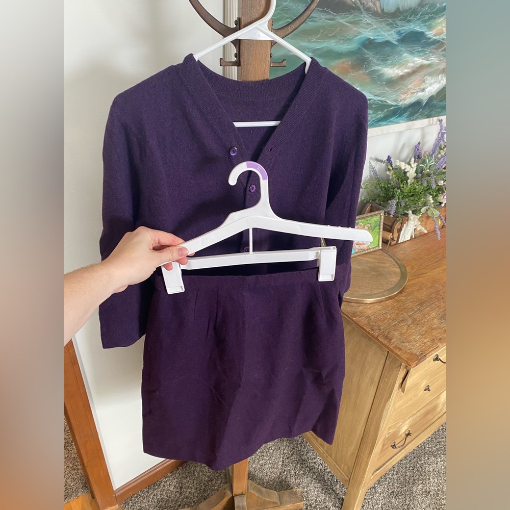 Late 1950s Vintage Dalton purple cashmere sweater and wool pencil skirt set